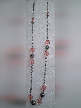 Elegant Pink Crystal and Metallic Bead Long Necklace